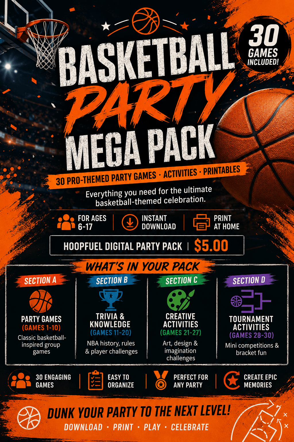 Basketball Party Mega Pack – 30 Jeux & Activités pour une Fête Basket Inoubliable